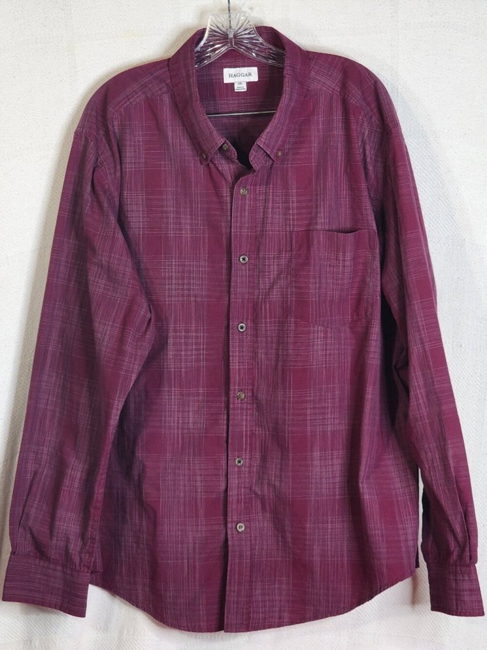 Haggar Weekender Signature Collection Maroon Check LS Cotton Poly Dress Shirt 2X